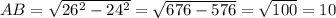AB=\sqrt{26^2-24^2}=\sqrt{676-576}=\sqrt{100}=10