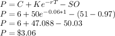 P=C+Ke^{-rT}-SO\\P=6+50e^{-0.06*1}-(51-0.97)\\P=6+47.088-50.03\\P=\$3.06