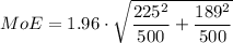 $ MoE = 1.96 \cdot \sqrt{\frac{225^2}{500} + \frac{189^2}{500}} $