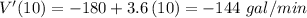 V'(10)=-180+3.6\,(10) = -144\,\,gal/min