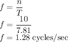 f=\dfrac{n}{T}\\f=\dfrac{10}{7.81}\\f=1.28 \;\rm cycles/sec
