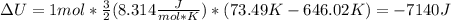 \Delta U=1mol*\frac{3}{2} (8.314\frac{J}{mol*K} )*(73.49K-646.02K )=-7140J
