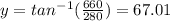 y = tan^-^1 (\frac{660}{280}) = 67.01