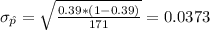 \sigma_{\hat p} =\sqrt{\frac{0.39*(1-0.39)}{171}}= 0.0373