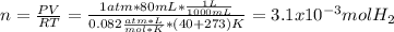 n=\frac{PV}{RT}=\frac{1atm*80mL*\frac{1L}{1000mL} }{0.082\frac{atm*L}{mol*K}*(40+273)K}  =3.1x10^{-3}molH_2