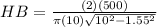 HB = \frac{(2)(500)}{\pi (10)\sqrt{10^{2}- 1.55^{2} } }
