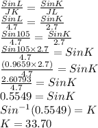 \frac{SinL}{JK} = \frac{SinK}{JL}\\\frac{SinL}{4.7} = \frac{SinK}{2.7}\\\frac{Sin 105}{4.7} = \frac{SinK}{2.7}\\\frac{Sin 105 \times 2.7}{4.7} = SinK\\\frac{(0.9659 \times 2.7)}{4.7} = Sin K\\\frac{2.60793}{4.7} = Sin K\\0.5549 = Sin K\\Sin^{-1}(0.5549)= K\\K = 33.70