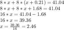 8*x + 8*(x + 0.21) = 41.04\\8*x + 8*x + 1.68 = 41.04\\16*x = 41.04 - 1.68\\16*x = 39.36\\x = \frac{39.36}{16} = 2.46