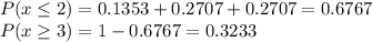 P(x\leq 2)=0.1353+0.2707+0.2707=0.6767\\P(x\geq 3)=1-0.6767=0.3233