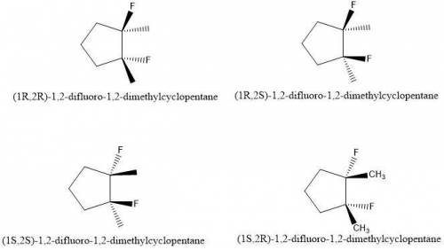 Draw every stereoisomer for 1,2-difluoro-1,2-dimethylcyclopentane. Use wedge-and-dash bonds for the