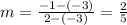 m=\frac{-1-(-3)}{2-(-3)} =\frac{2}{5}
