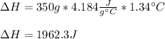 \Delta H=350g*4.184\frac{J}{g\°C} *1.34\°C\\\\\Delta H=1962.3J