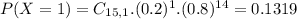 P(X = 1) = C_{15,1}.(0.2)^{1}.(0.8)^{14} = 0.1319