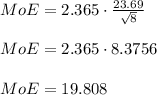 MoE = 2.365\cdot \frac{23.69}{\sqrt{8} } \\\\MoE = 2.365\cdot 8.3756\\\\MoE = 19.808 \\\\