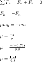 \sum F_x = F_k + F_n =0\\\\F_k =- F_n\\\\\mu mg =-ma\\\\\mu = \frac{-a}{g}\\\\\mu = \frac{-(-1.74)}{9.8}\\\\\mu = \frac{1.74}{9.8}