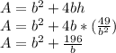 A=b^2+4bh\\A=b^2+4b*({\frac{49}{b^2}})\\A=b^2+\frac{196}{b}