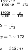 \frac{1500 \times 12}{1000 \times 9}   = \frac{x}{173}  \\\\\frac{18000 }{9000}   = \frac{x}{173}  \\\\2   = \frac{x}{173}  \\\\x = 2 \times 173 \\\\x = 346 \: ms