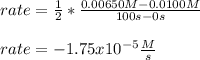 rate=\frac{1}{2}*\frac{0.00650M-0.0100M}{100s-0s}\\\\rate=-1.75x10^{-5}\frac{M}{s}