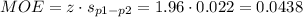 MOE=z \cdot s_{p1-p2}=1.96\cdot 0.022=0.0438