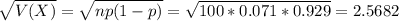 \sqrt{V(X)} = \sqrt{np(1-p)} = \sqrt{100*0.071*0.929} = 2.5682