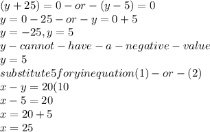 (y+25)=0- or -(y-5)=0\\y = 0-25  -or- y = 0+5\\y = -25 , y= 5\\ y- cannot -have- a- negative- value \\y = 5\\substitute 5 for y in equation (1) -or-(2)\\x-y = 20    (10\\x-5 = 20 \\x = 20 +5\\x = 25