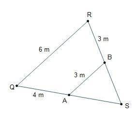 Points A and B are midpoints of the sides of triangle QRS. Triangle Q R S is cut by line segment A B