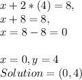 x + 2 * ( 4 ) = 8,\\x + 8 = 8,\\x = 8 - 8 = 0\\\\x = 0, y = 4\\Solution = ( 0, 4 )