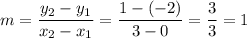m = \dfrac{y_2-y_1}{x_2-x_1} = \dfrac{1-(-2)}{3-0} = \dfrac{3}{3} =1