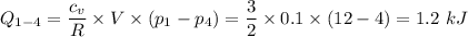 Q_{1-4} = \dfrac{c_v}{R} \times V \times (p_1 - p_4) = \dfrac{3}{2} \times 0.1 \times (12 - 4) = 1.2 \ kJ