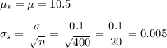 \mu_s=\mu=10.5\\\\ \sigma_s=\dfrac{\sigma}{\sqrt{n}}=\dfrac{0.1}{\sqrt{400}}=\dfrac{0.1}{20}=0.005