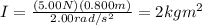 I=\frac{(5.00N)(0.800m)}{2.00rad/s^2}=2kgm^2