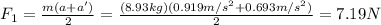 F_1=\frac{m(a+a')}{2}=\frac{(8.93kg)(0.919m/s^2+0.693m/s^2)}{2}=7.19N