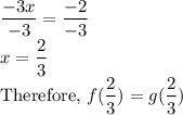\dfrac{-3x}{-3}=\dfrac{-2}{-3}\\  x=\dfrac{2}{3}\\$Therefore, $f(\dfrac{2}{3})=g(\dfrac{2}{3})
