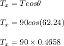 T_x=Tcos\theta\\\\T_x = 90cos(62.24)\\\\T_x = 90 \times 0.4658