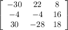 \left[\begin{array}{ccc}-30&22&8\\-4&-4&16\\30&-28&18\end{array}\right]
