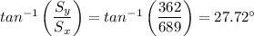 tan^{-1} \left (\dfrac{S_y}{S_x}  \right) = tan^{-1} \left (\dfrac{362}{689}  \right) = 27.72^ {\circ}