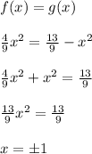 f(x)=g(x)\\\\\frac{4}{9}x^2=\frac{13}{9}-x^2\\\\\frac{4}{9}x^2+x^2=\frac{13}{9}\\\\\frac{13}{9}x^2=\frac{13}{9}\\\\x=\pm 1
