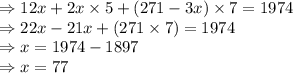 \Rightarrow 12x+2x\times 5 +(271-3x)\times 7 = 1974\\\Rightarrow 22x-21x +(271 \times 7) = 1974\\\Rightarrow x = 1974 - 1897\\\Rightarrow x = 77