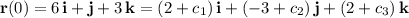 \mathbf r(0)=6\,\mathbf i+\mathbf j+3\,\mathbf k=(2+c_1)\,\mathbf i+(-3+c_2)\,\mathbf j+(2+c_3)\,\mathbf k