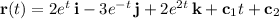 \mathbf r(t)=2e^t\,\mathbf i-3e^{-t}\,\mathbf j+2e^{2t}\,\mathbf k+\mathbf c_1t+\mathbf c_2