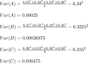 Var ( A ) = \frac{6.35^2+6.32^2+6.33^2+6.36^2}{4} - 6.34^2\\\\Var ( A ) = 0.00025\\\\Var ( B ) = \frac{6.31^2+6.31^2+6.32^2+6.35^2}{4} - 6.3225^2\\\\Var ( B ) = 0.00026875\\\\Var ( C ) = \frac{6.38^2+6.32^2+6.36^2+6.36^2}{4} - 6.355^2\\\\Var ( C ) = 0.000475\\