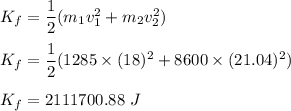 K_f=\dfrac{1}{2}(m_1v_1^2+m_2v_2^2)\\\\K_f=\dfrac{1}{2}(1285\times (18)^2+8600\times (21.04)^2)\\\\K_f=2111700.88\ J