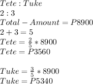 Tete : Tuke\\2  : 3\\Total-Amount = P8900\\2+3 = 5\\Tete = \frac{2}{5} * 8900\\Tete = P3560\\\\Tuke = \frac{3}{5} *8900\\Tuke = P5340