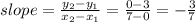 slope=\frac{y_2-y_1}{x_2-x_1}= \frac{0-3}{7-0}=-\frac{3}{7}