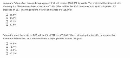 Determine what the project’s ROE will be if its EBIT is –$55,000. When calculating the tax effects,