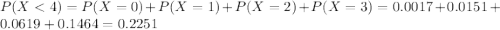 P(X < 4) = P(X = 0) + P(X = 1) + P(X = 2) + P(X = 3) = 0.0017 + 0.0151 + 0.0619 + 0.1464 = 0.2251