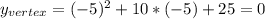 y_{vertex} = (-5)^2 + 10*(-5) + 25 = 0