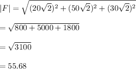 |F|=\sqrt{(20\sqrt{2} )^2+(50\sqrt{2} )^2+(30\sqrt{2} )^2} \\\\=\sqrt{800+5000+1800} \\\\=\sqrt{3100} \\\\=55.68