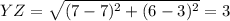 YZ = \sqrt{(7 - 7)^2 + (6 - 3)^2} = 3