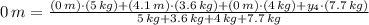 0\,m = \frac{(0\,m)\cdot (5\,kg)+(4.1\,m)\cdot (3.6\,kg)+(0\,m)\cdot (4\,kg)+y_{4}\cdot (7.7\,kg)}{5\,kg + 3.6\,kg + 4\,kg + 7.7\,kg}